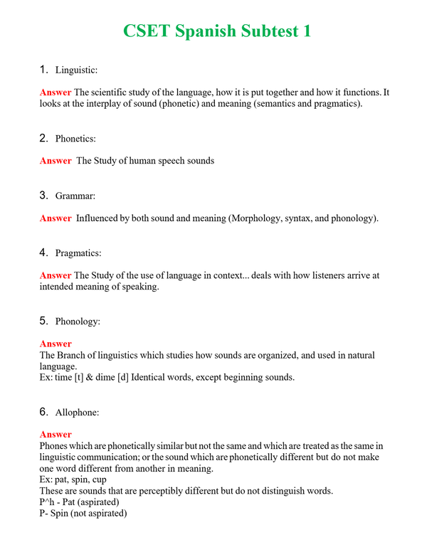 CSET Spanish Subtest 1 Questions With Complete Grade A+ Answers
