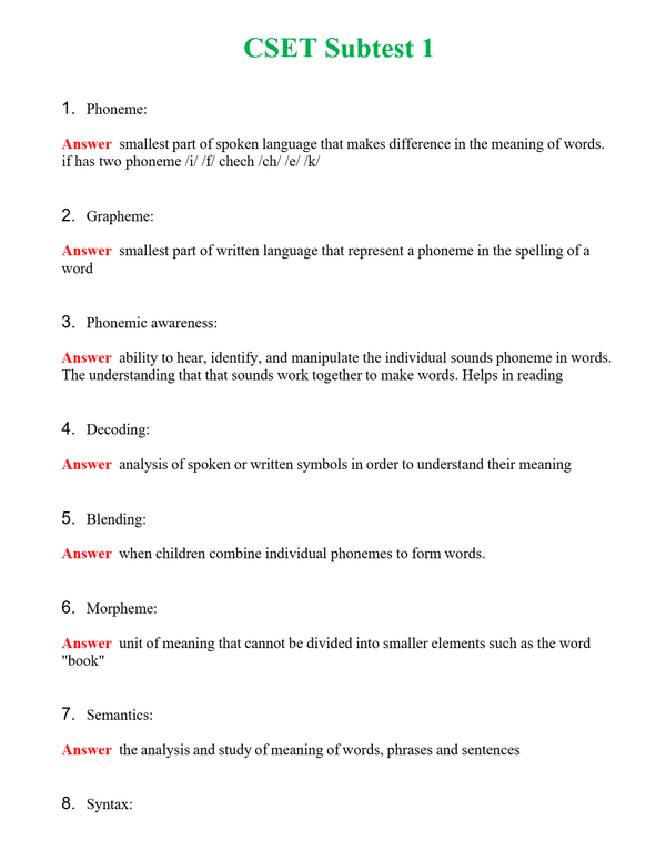 CSET Subtest 1 Questions With Complete Grade A+ Answers