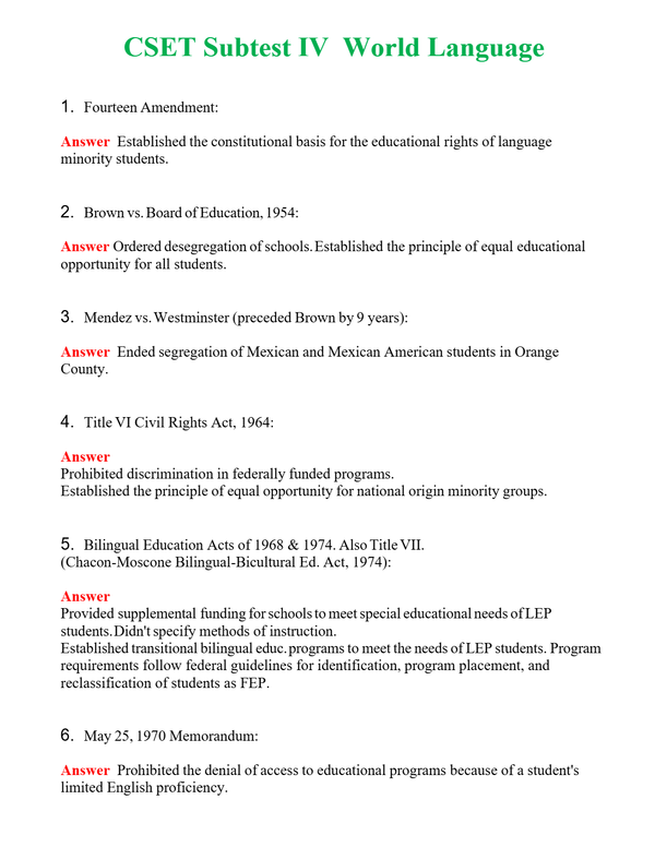 CSET Subtest IV World Language Questions With Complete Grade A+ Answers