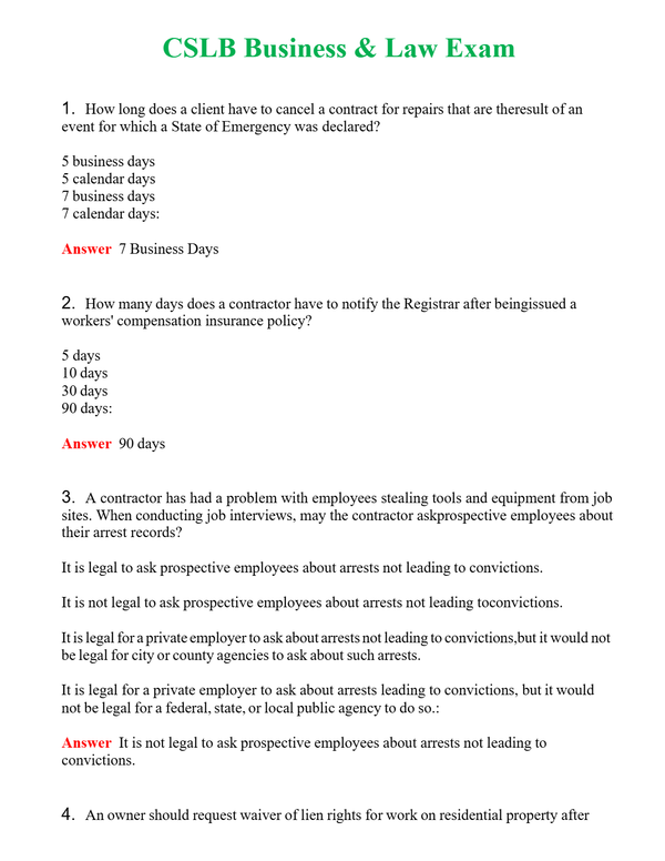 CSLB Business & Law Exam | Actual Questions and Verified Answers ( Included ) 100% Correct
