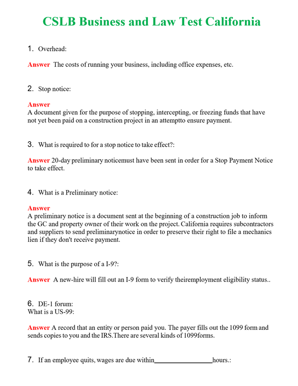 CSLB Business and Law Test California | Actual Questions and Verified Answers ( Included ) 100% Correct