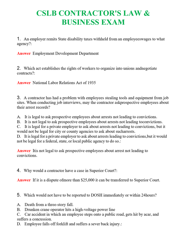 CSLB CONTRACTOR'S LAW & BUSINESS EXAM | Actual Questions and Verified Answers ( Included ) 100% Correct