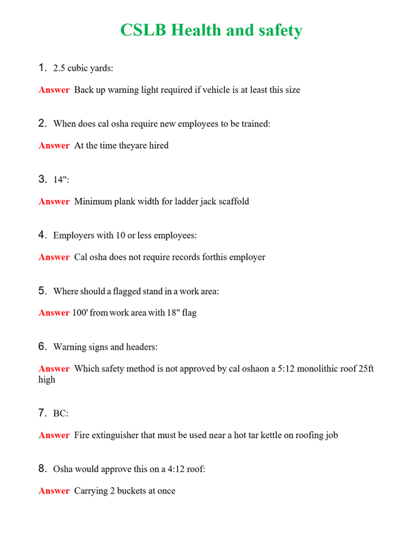 CSLB Health and safety | Actual Questions and Verified Answers ( Included ) 100% Correct