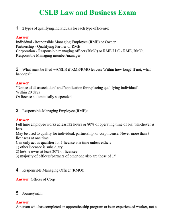 CSLB Law and Business Exam | Actual Questions and Verified Answers ( Included ) 100% Correct