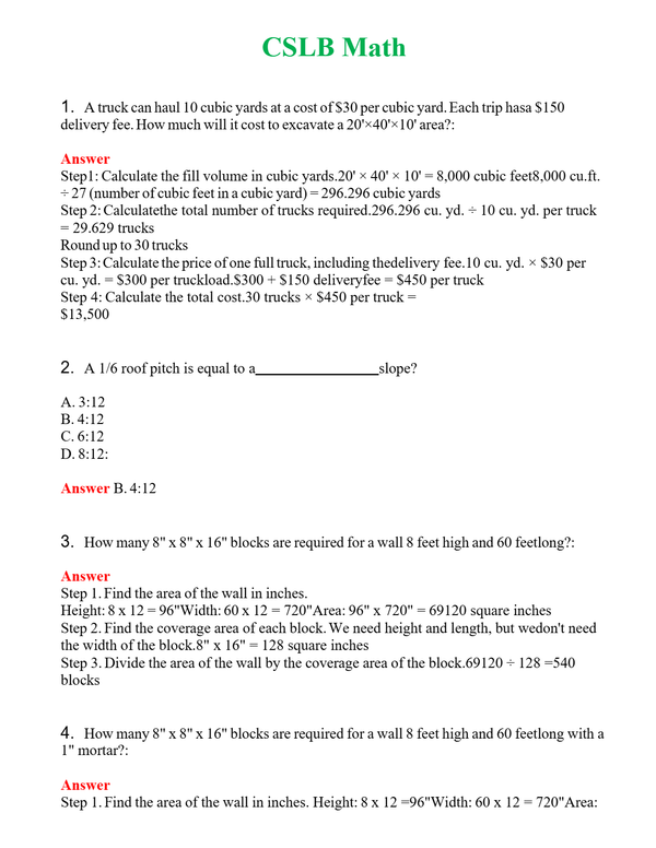 CSLB Math | Actual Questions and Verified Answers ( Included ) 100% Correct