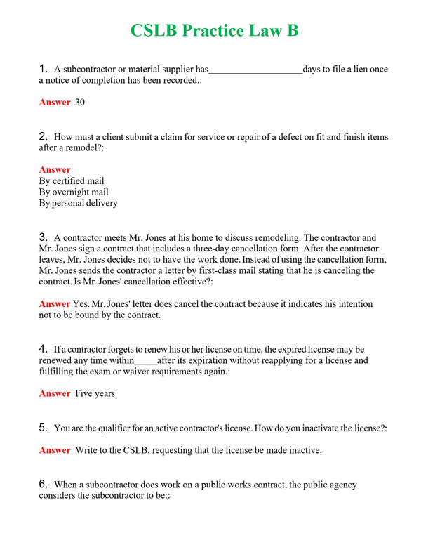 CSLB Practice Law B | Actual Questions and Verified Answers ( Included ) 100% Correct