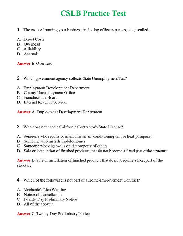 CSLB Practice Test | Actual Questions and Verified Answers ( Included ) 100% Correct