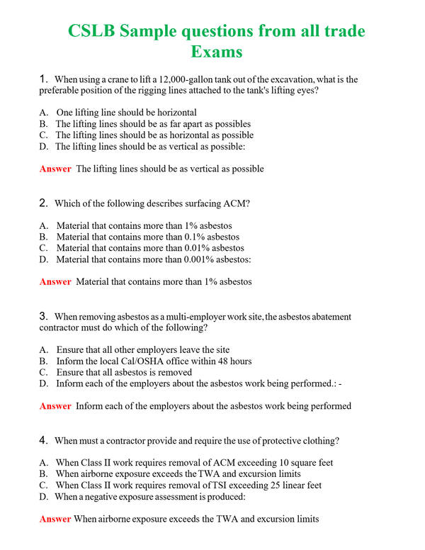 CSLB Sample questions from all trade Exams | Actual Questions and Verified Answers ( Included ) 100% Correct