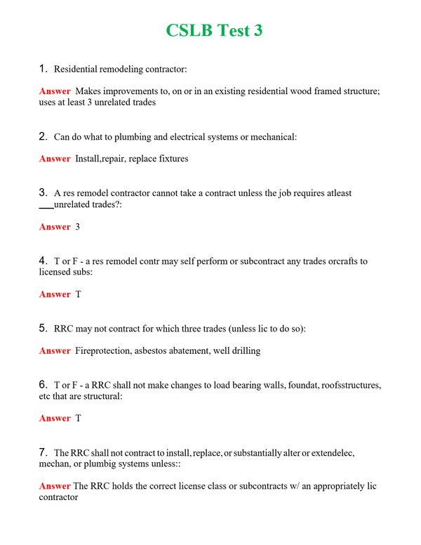 CSLB Test 3 | Actual Questions and Verified Answers ( Included ) 100% Correct