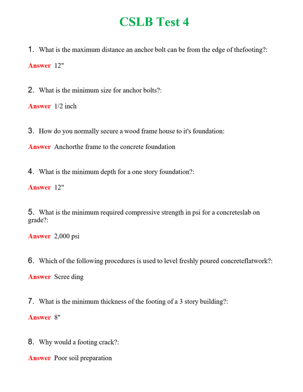 CSLB Test 4 | Actual Questions and Verified Answers ( Included ) 100% Correct