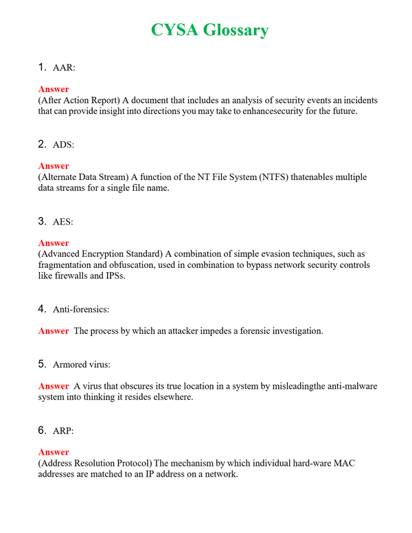 CYSA Glossary Questions With Complete Grade A+ Answers