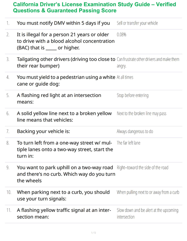 California Driver’s License Examination Study Guide – Verified Questions & Guaranteed Passing Score