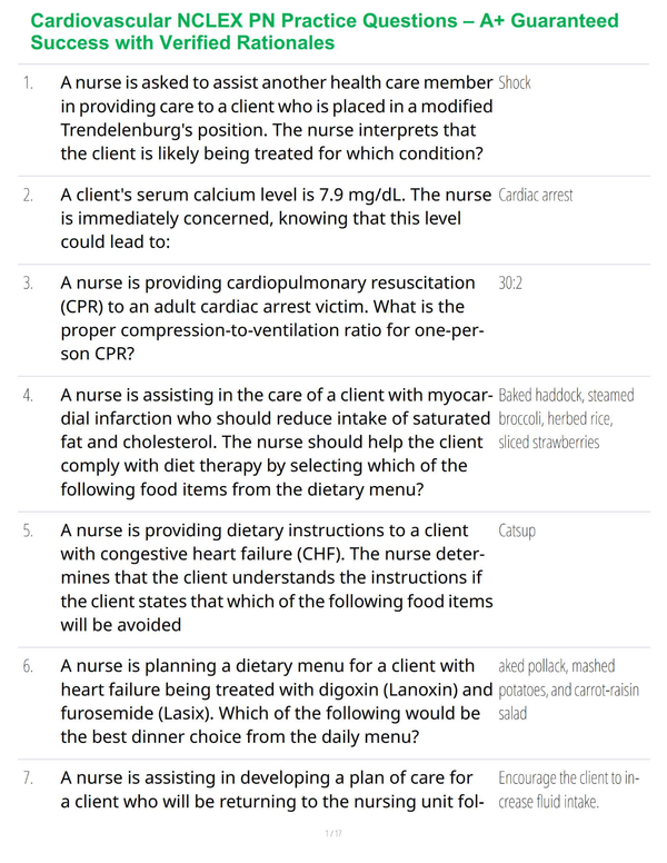 Cardiovascular NCLEX PN Practice Questions – A+ Guaranteed Success with Verified Rationales