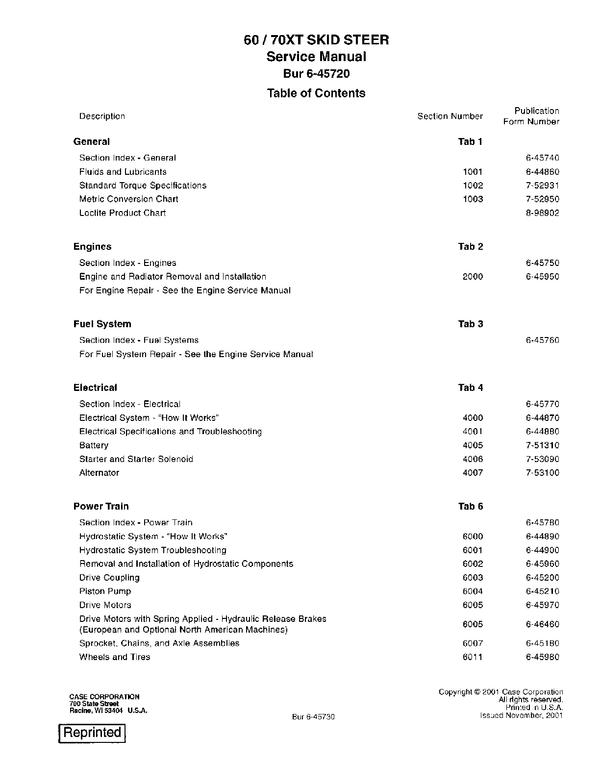 Case 60XT, 70XT Skid Steer Loader Service Manual Repair Workshop Book - 6-45730