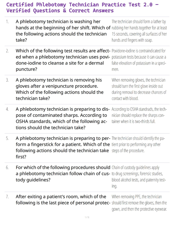 Certified Phlebotomy Technician Practice Test 2.0 – Verified Questions & Correct Answers