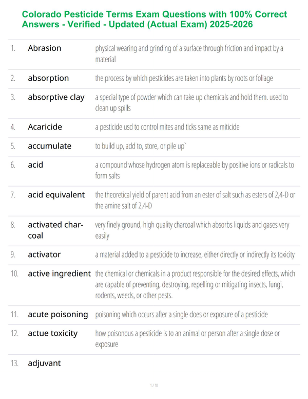 Colorado Pesticide Terms Exam Questions with 100% Correct Answers - Verified - Updated (Actual Exam) 2025-2026