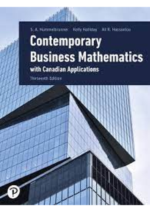 Contemporary Business Mathematics With Canadian Application 13th Edition By Siege A. HummelBrunner, Kelly Halliday, Ali R. Hassanlou SOLUTIONS MANUAL