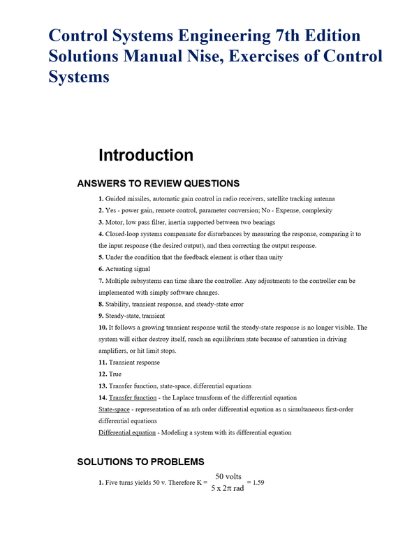 Control Systems Engineering 7th Edition Solutions Manual Nise, Exercises of Control Systems Introduction
