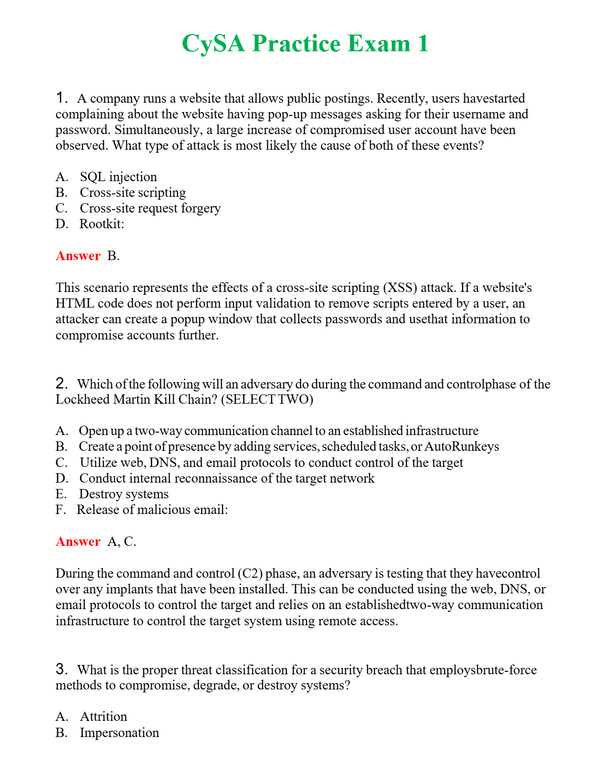 CySA Practice Exam 1 Questions With Complete Grade A+ Answers