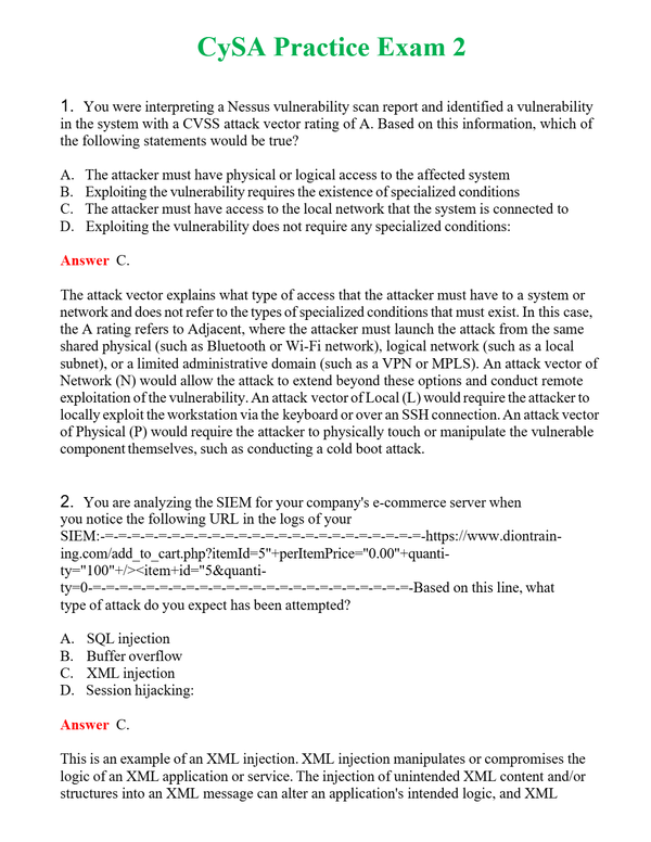 CySA Practice Exam 2 Questions With Complete Grade A+ Answers