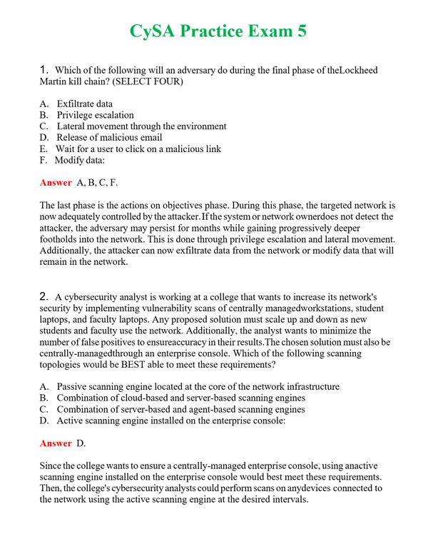 CySA Practice Exam 5 Questions With Complete Grade A+ Answers