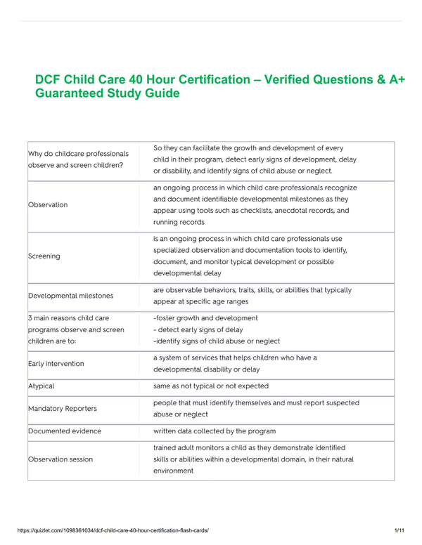 DCF Child Care 40 Hour Certification – Verified Questions & A+ Guaranteed Study Guide