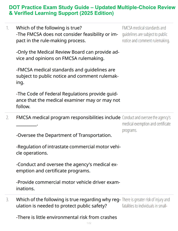 DOT Practice Exam Study Guide – Updated Multiple-Choice Review & Verified Learning Support (2025 Edition