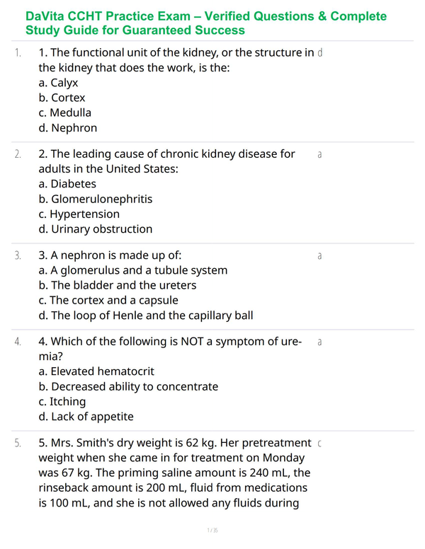 DaVita CCHT Practice Exam – Verified Questions & Complete Study Guide for Guaranteed Success
