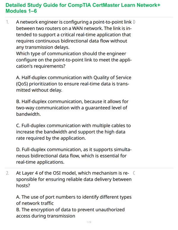 Detailed Study Guide for CompTIA CertMaster Learn Network+ Modules 1–6