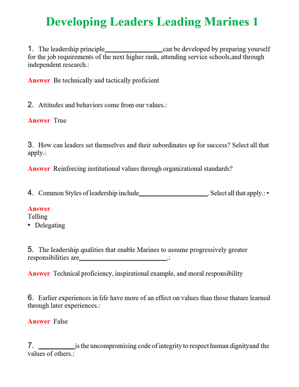 Developing Leaders Leading Marines 1 | Actual Questions and Verified Answers ( Included ) 100% Correct