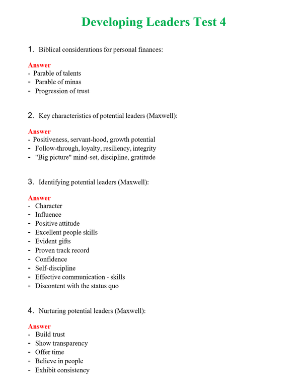 Developing Leaders Test 4 | Actual Questions and Verified Answers ( Included ) 100% Correct