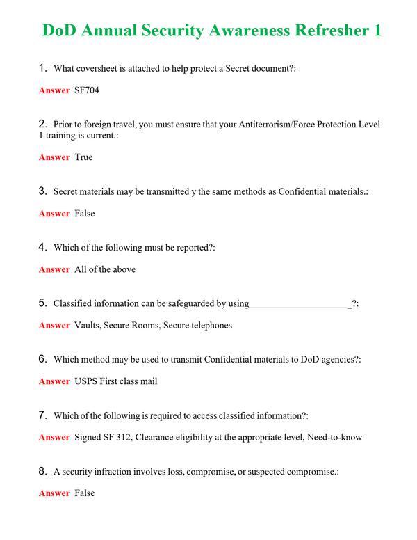 DoD Annual Security Awareness Refresher 1 | Actual Questions and Verified Answers ( Included ) 100% Correct