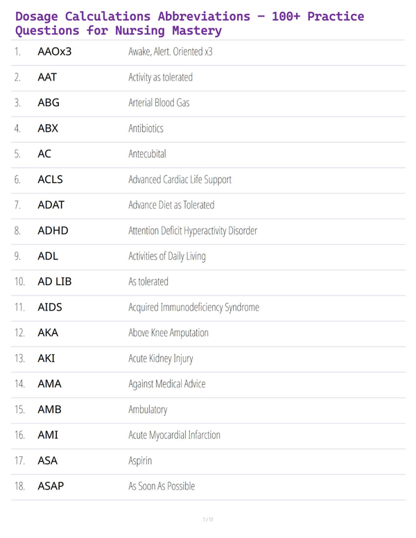 Dosage Calculations Abbreviations – 100+ Practice Questions for Nursing Mastery