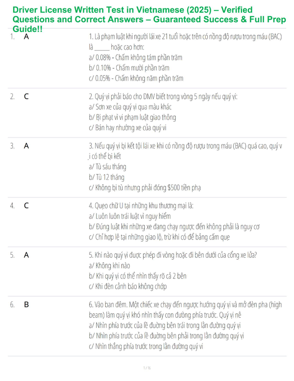 Driver License Written Test in Vietnamese (2025) – Verified Questions and Correct Answers – Guaranteed Success & Full Prep Guide!!