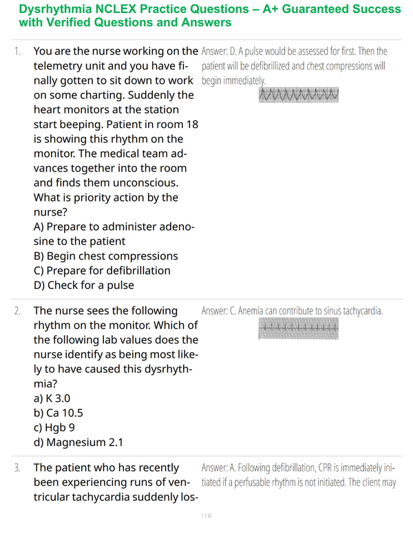 Dysrhythmia NCLEX Practice Questions – A+ Guaranteed Success with Verified Questions and Answers