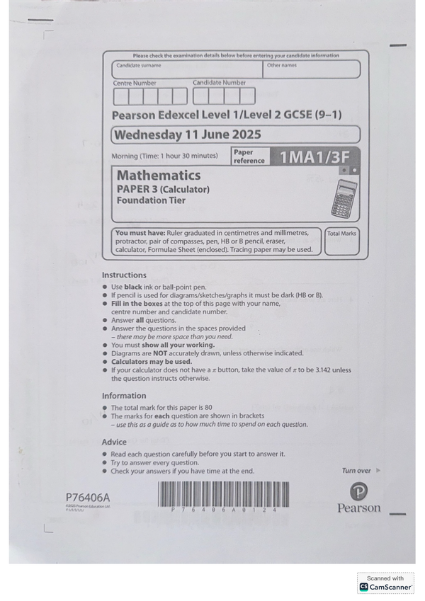 EDEXCEL GCSE FOUNDATION MATHS PAPER 3 SOLUTIONS
