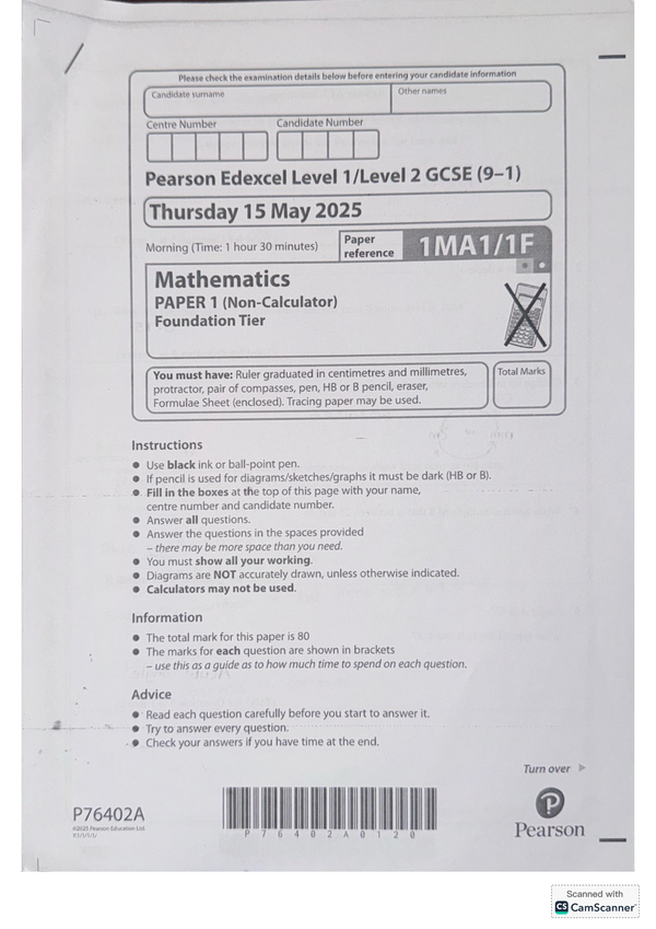 EDEXCEL GCSE JUNE 2025 MATHS FOUNDATION TIER PAPER 1