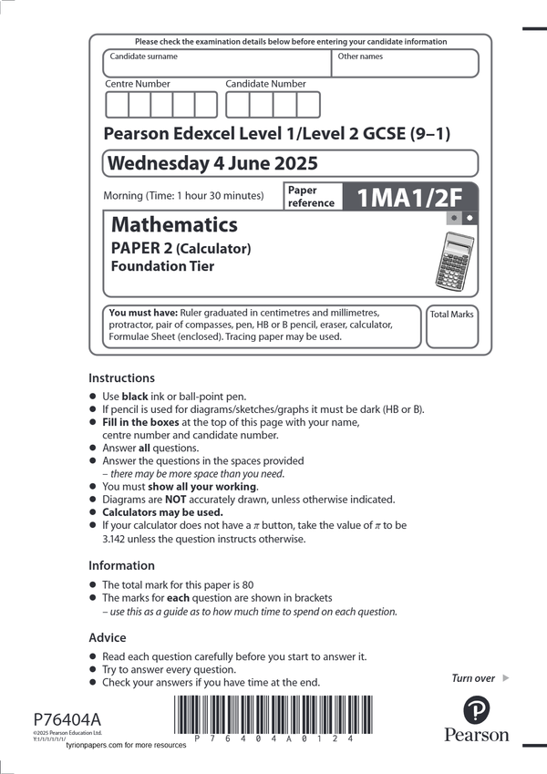 EDEXCEL GCSE JUNE 2025 MATHS FOUNDATION TIER PAPER 2 CALCULATOR LATEST