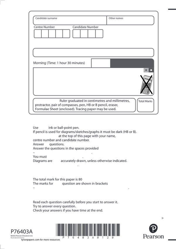 EDEXCEL GCSE JUNE 2025 MATHS HIGHER TIER PAPER 1 NON CALCULATOR LATEST
