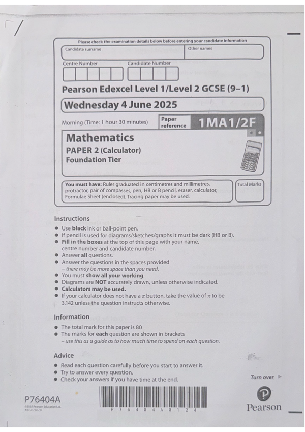 EDEXCEL GCSE MATHS 2025 FOUNDATION PAPER 2 MODEL SOLUTIONS