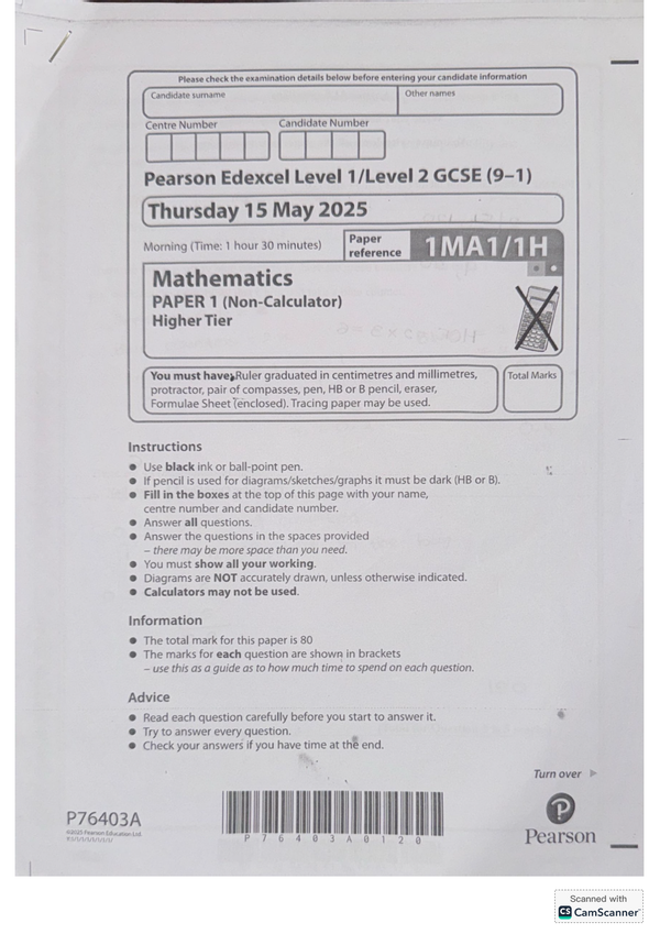 EDEXCEL GCSE MATHS 2025 HIGHER PAPER 1 MODEL SOLUTIONS