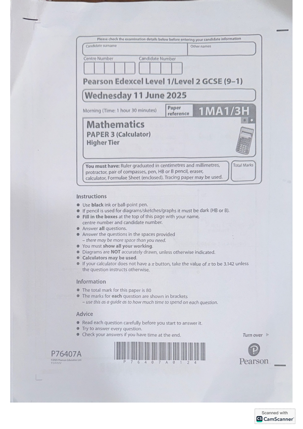 EDEXCEL GCSE MATHS JUNE 2025 HIGHER PAPER 3 SOLUTIONS