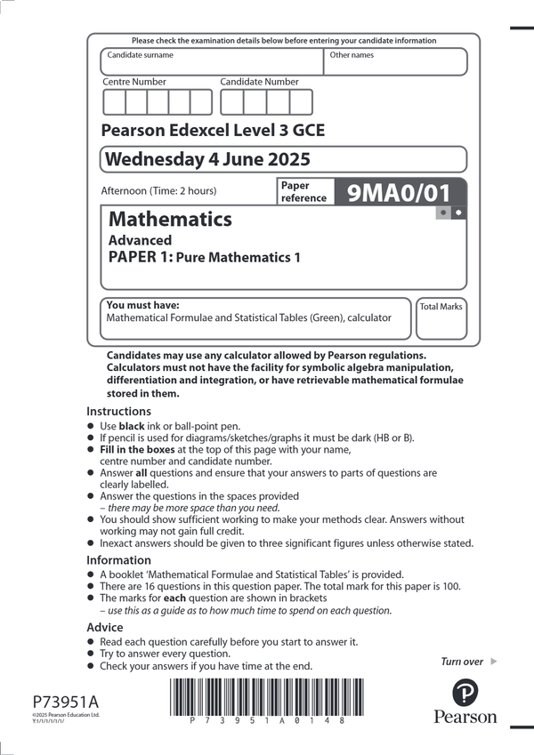 EDEXCEL JUNE 2025 A LEVEL MATHS PAPER 1 PURE MATHS