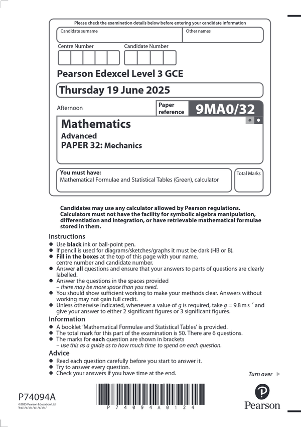 EDEXCEL JUNE 2025 A LEVEL MATHS PAPER 3 MECHANICS