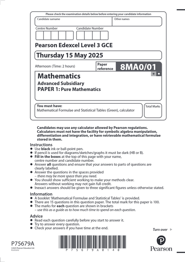 EDEXCEL JUNE 2025 AS LEVEL MATHS 8MA0/01 PAPER 1 PURE MATHS