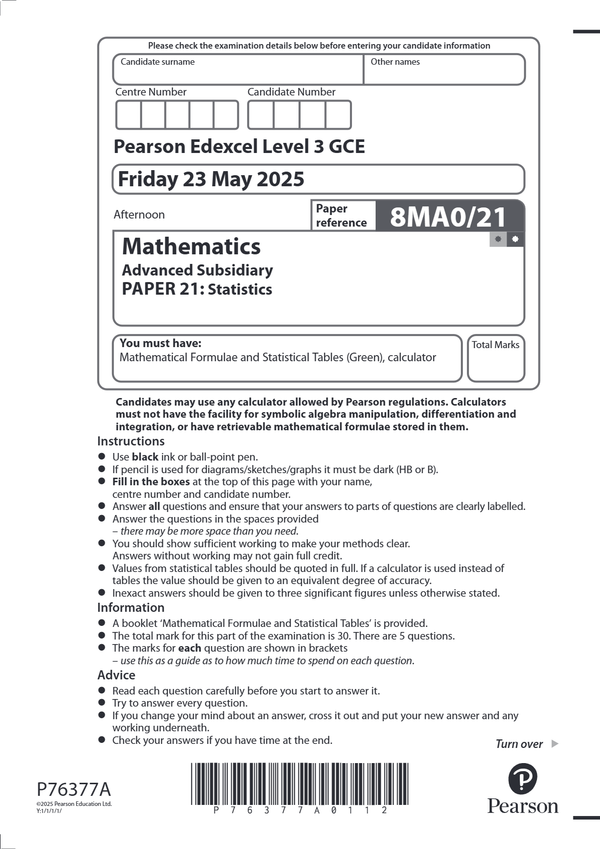 EDEXCEL JUNE 2025 AS LEVEL MATHS 8MA0/21 PAPER 2 STATISTICS