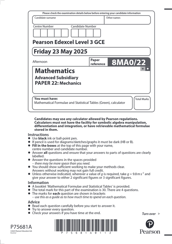 EDEXCEL JUNE 2025 AS LEVEL MATHS 8MA/022 PAPER 2 MECHANICS