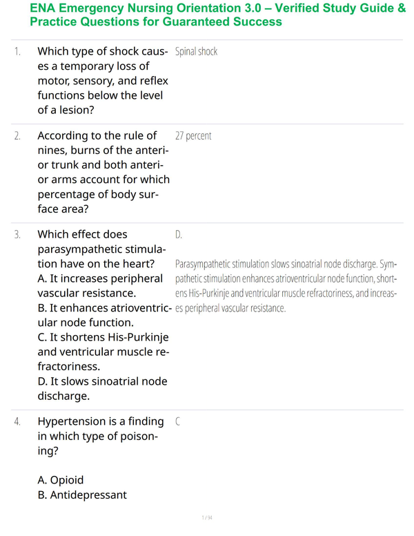 ENA Emergency Nursing Orientation 3.0 – Verified Study Guide & Practice Questions for Guaranteed Success
