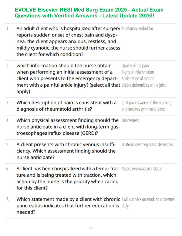 EVOLVE Elsevier HESI Med Surg Exam 2025 - Actual Exam Questions with Verified Answers - Latest Update 2025!!