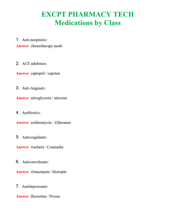 EXCPT PHARMACY TECH Medications by Class Questions With Complete Grade A+ Answers Document Content and